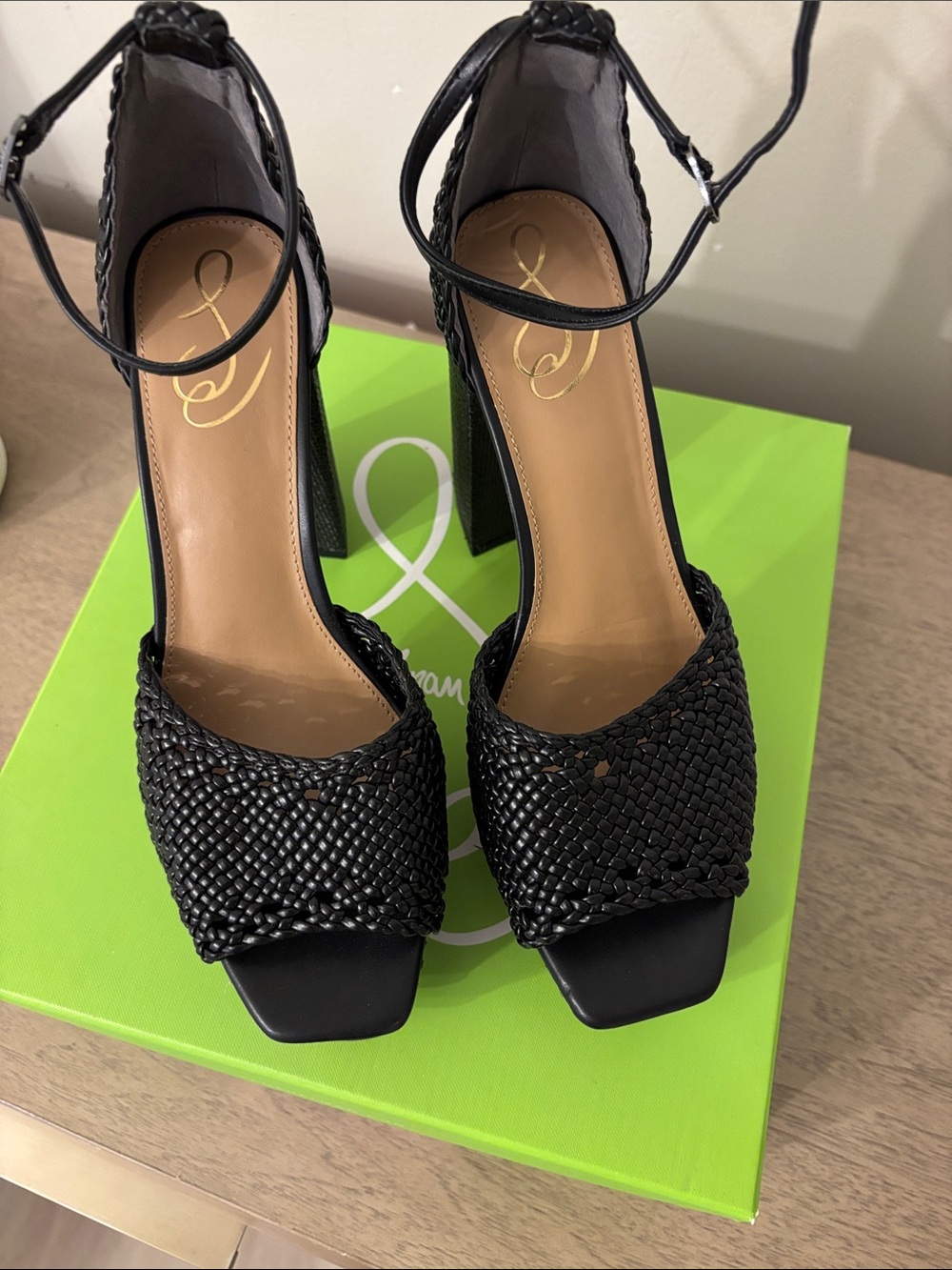 Sam Edelman Black Woven Ankle-Strap Block Heels